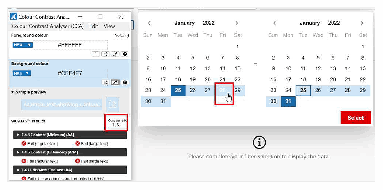Date picker hover state with insufficient contrast